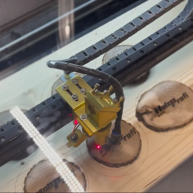 Lasergravur auf Holzscheiben bei der Live-Vorführung